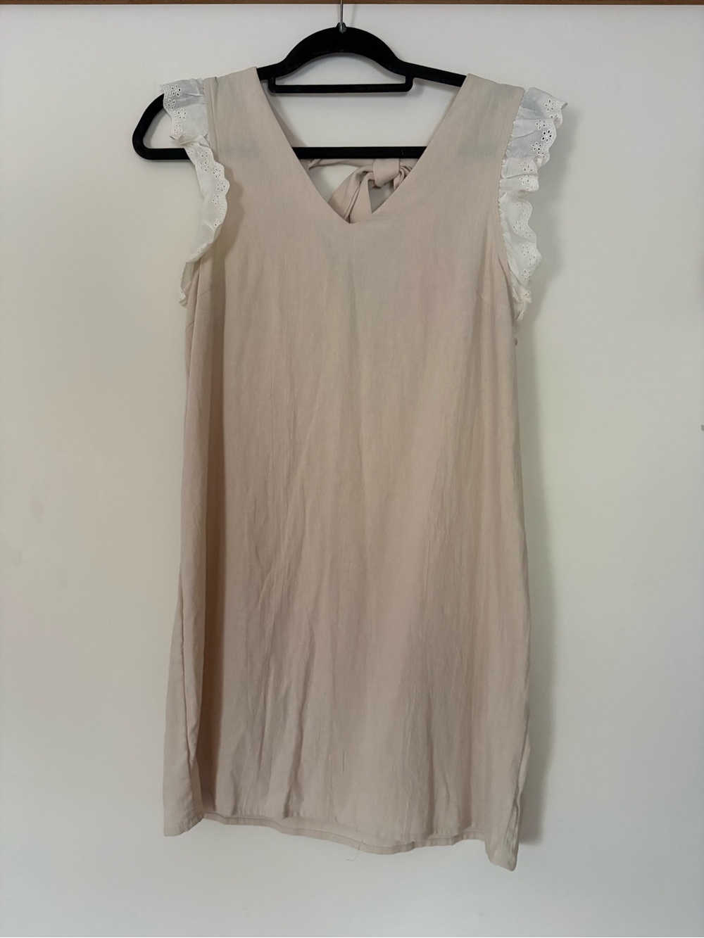 100% Cotton Sleeveless Beige Shift Dress with Eyelet Ruffle Sleeves